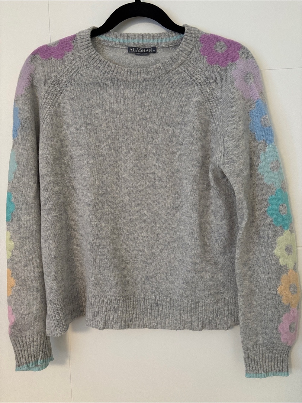 Alashan Gray Crewneck Sweater with Pastel Floral Sleeves